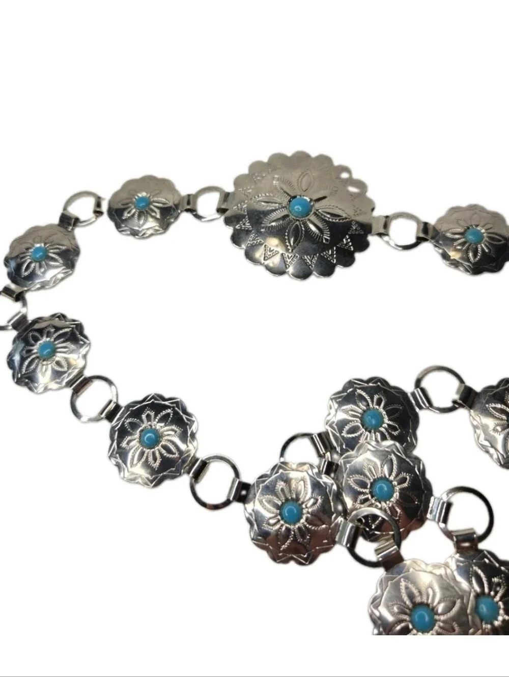 Vintage Southwestern Concho Belt Silver Tone Turquoise Accents 34”